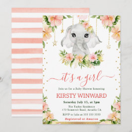 Aquarellblume Elephant Girl Baby Dusche Einladung