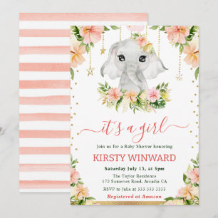 Aquarellblume Elephant Girl Baby Dusche Einladung