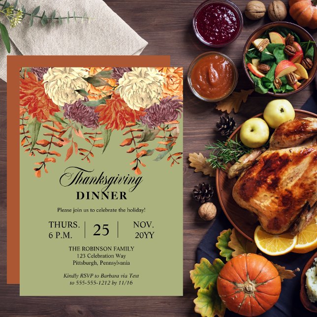 Aquarellblume | Eukalyptus Erntedank Abendessen Einladung (Watercolor Floral Eucalyptus Light Sage Green Thanksgiving Dinner Invitation with  Terracotta Back)