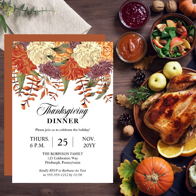 Aquarellblume | Eukalyptus Erntedank Abendessen Einladung (Watercolor Floral Eucalyptus Thanksgiving Dinner Invitation with Terracotta Back)
