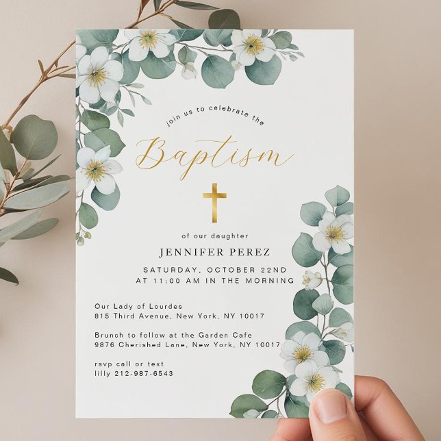 Aquarellblume Eukalyptus Grüne Taufe Einladung (Gender Neutral Baptism Invitation)