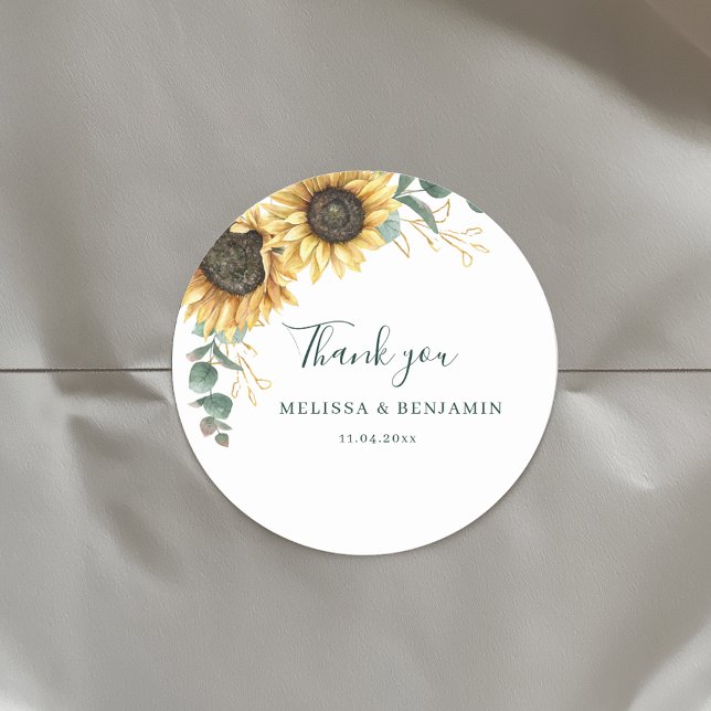 Aquarellblume Eukalyptus Vielen Dank Runder Aufkleber (Floral Sunflower Eucalyptus Elegant Script Wedding Envelope Seals Round Sticker)