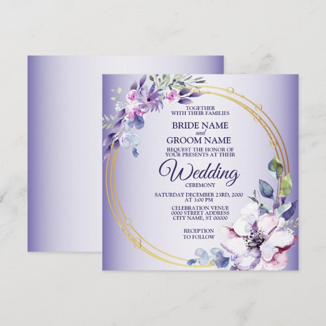 Aquarellblume Goldene geometrische Lila Hochzeit Einladung (Vorne/Hinten)
