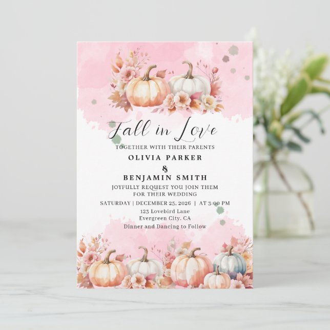 Aquarellblume Herbst Pink Pumpkin Hochzeit im Herb Einladung (Stehend Vorderseite)