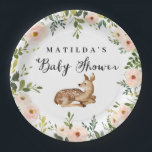 Aquarellblume Hirschwald Babydusche Party Pappteller<br><div class="desc">Aquarell rosa Blüten,  Blätter und Hirsche Woodland Baby Dusche Party Papier Teller. Blattwerk und Waldhirsche Blume. Schöner Text.</div>