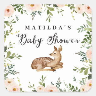 Aquarellblume Hirschwald Babydusche Party Quadratischer Aufkleber