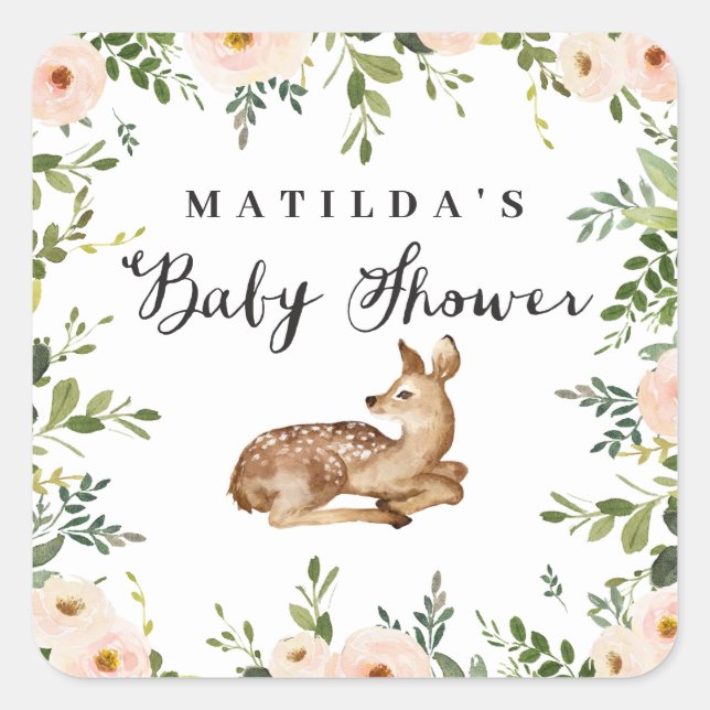 Aquarellblume Hirschwald Babydusche Party Quadratischer Aufkleber (Vorderseite)