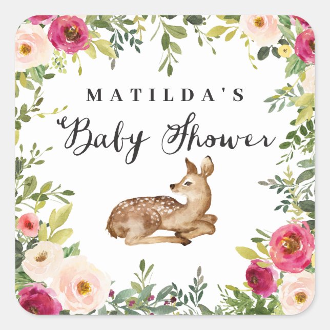Aquarellblume Hirschwald Babydusche Party Quadratischer Aufkleber (Vorderseite)
