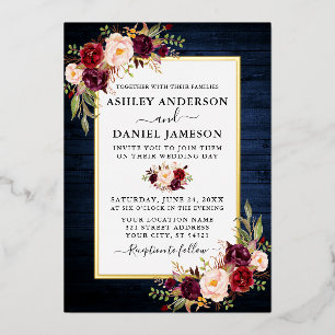 Aquarellblume Hochzeit Blaues Holz Gold Folieneinladung