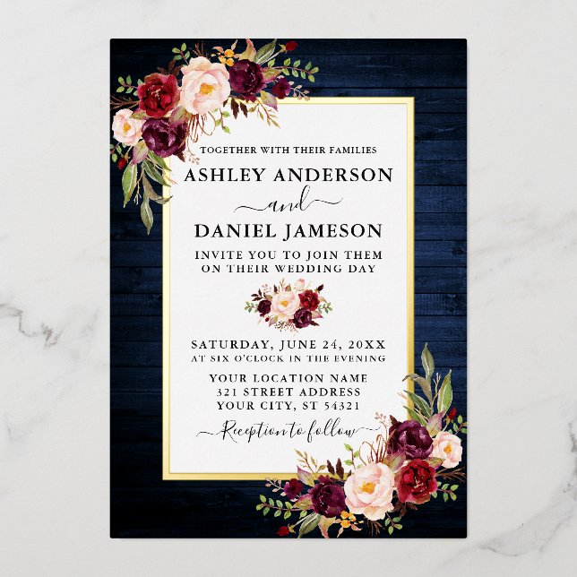 Aquarellblume Hochzeit Blaues Holz Gold Folieneinladung (Vorderseite)