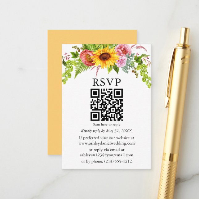 Aquarellblume Hochzeit QR UAWG Gelb Begleitkarte (Vorderseite/Rückseite Beispiel)
