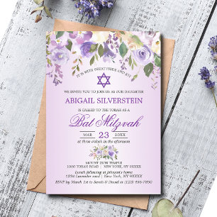 Aquarellblume Lavendel Lila Star Bat Mitzvah Einladung