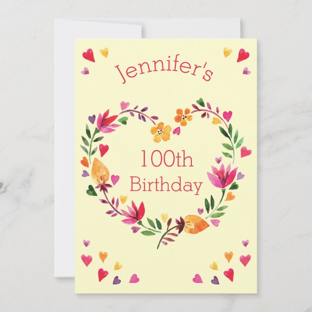 Aquarellblume Liebe Herzkranz 100. Geburtstag Einladung (Vorderseite)
