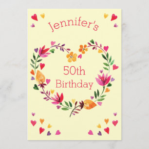 Aquarellblume Liebe Herzkranz 50. Geburtstag Einladung
