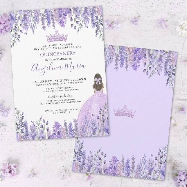 Aquarellblume Lila Quinceñera Einladung (Purple Lilac Tiara Floral Quinceañera Invitation)