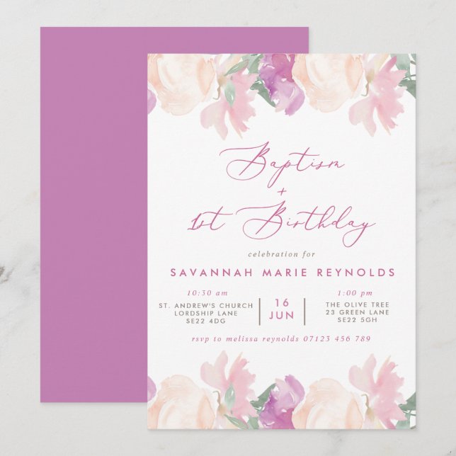 Aquarellblume Lilac Taufe & 1. Geburtstag Einladung (Vorne/Hinten)