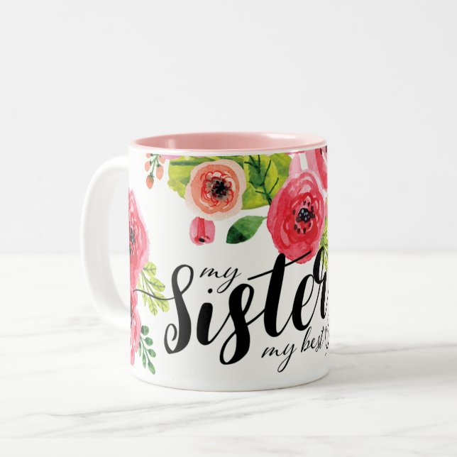 Aquarellblume Meine Schwester, mein bester Freund Zweifarbige Tasse (Vorderseite Links)