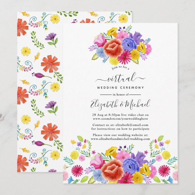Aquarellblume mexikanische Fiesta Virtual Wedding Einladung (Vorne/Hinten)