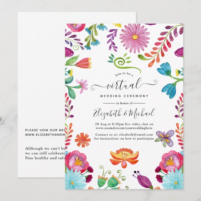 Aquarellblume mexikanische Fiesta Virtual Wedding Einladung (Vorne/Hinten)