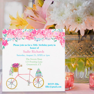 Aquarellblume mit Fahrrad zum Geburtstag Einladung