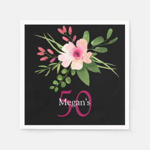 Aquarellblume, Name, Geburtstag, Alter auf Schwarz Serviette