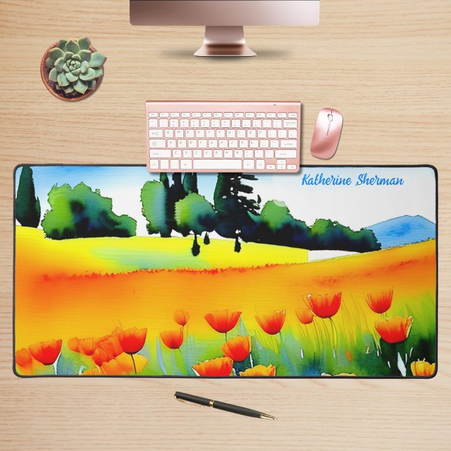 Aquarellblume Orange California Poppies Meadow Schreibtischunterlage (Watercolor floral orange California Poppies in a meadow with trees for your desktop or workspace.)