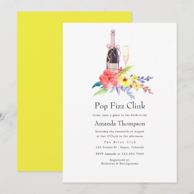 Aquarellblume Pop Fizz Clink Brautparty Einladung (Vorne/Hinten)