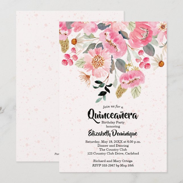 Aquarellblume Quinceañera Geburtstagseinladungen (Vorne/Hinten)