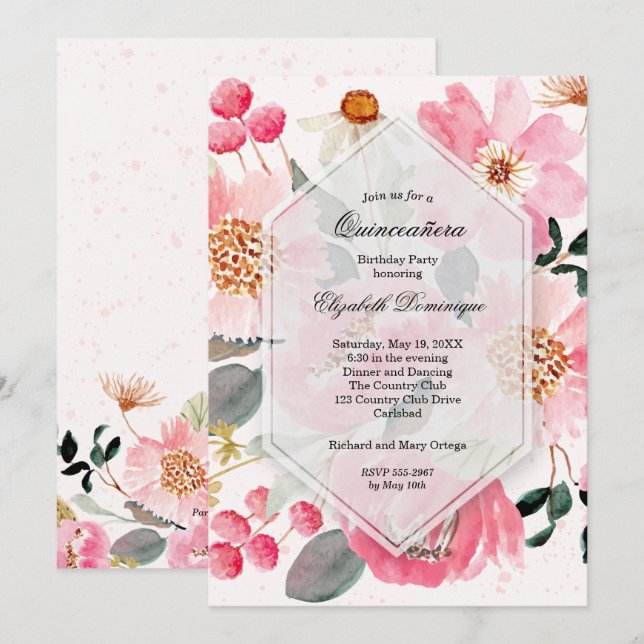 Aquarellblume Quinceañera Geburtstagseinladungen (Vorne/Hinten)