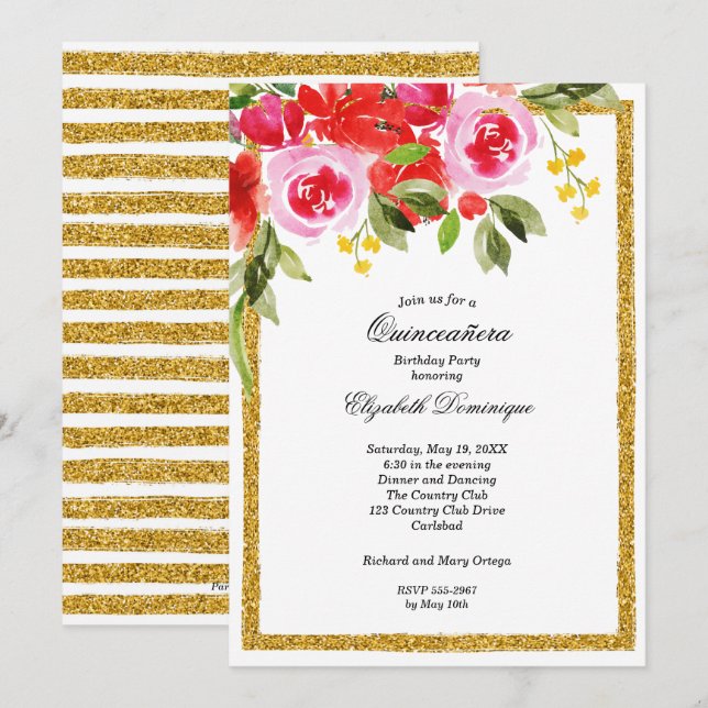Aquarellblume Quinceañera Geburtstagseinladungen (Vorne/Hinten)