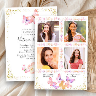 Aquarellblume Quinceanera mit 4 Fotos Einladung