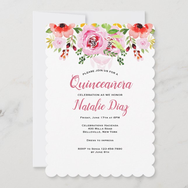 Aquarellblume Quinceñera Einladung (Vorderseite)