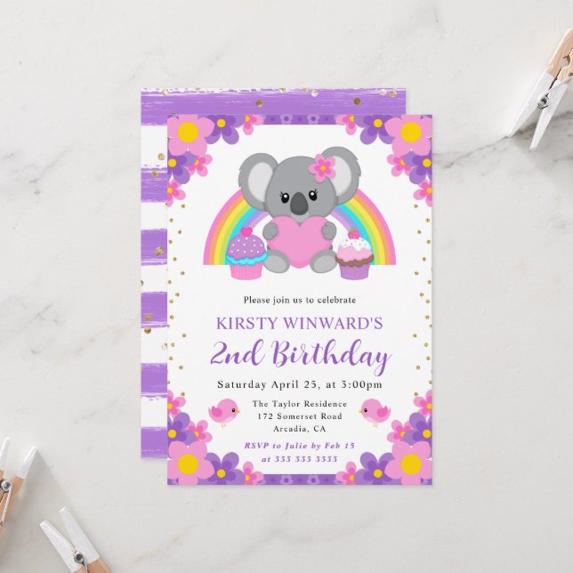 Aquarellblume Regenbogen Koala Geburtstag Einladung (Vorderseite/Rückseite Beispiel)