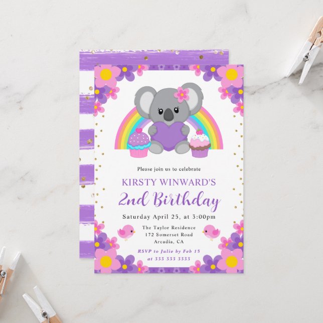 Aquarellblume Regenbogen Koala Geburtstag Einladung (Vorderseite/Rückseite Beispiel)