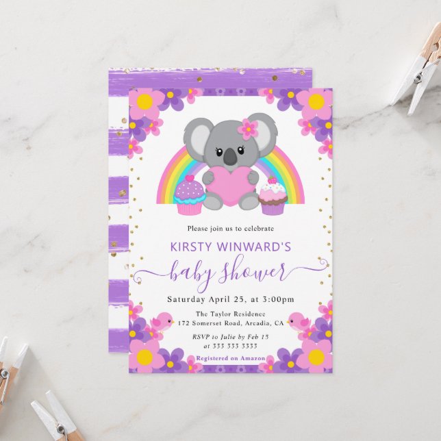 Aquarellblume Regenbogen Koala Kinderdusche Einladung (Vorderseite/Rückseite Beispiel)