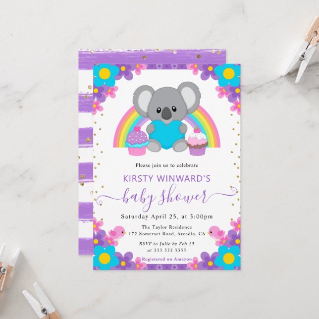 Aquarellblume Regenbogen Koala Kinderdusche Einladung (Vorderseite/Rückseite Beispiel)