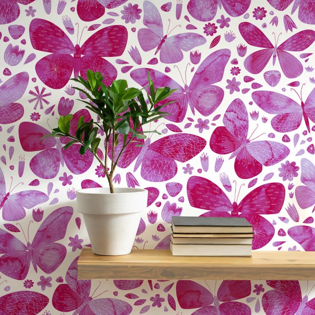 Aquarellblume Rosa und Weiße Kunst Tapete (Pink and white butterfly watercolor art wallpaper)