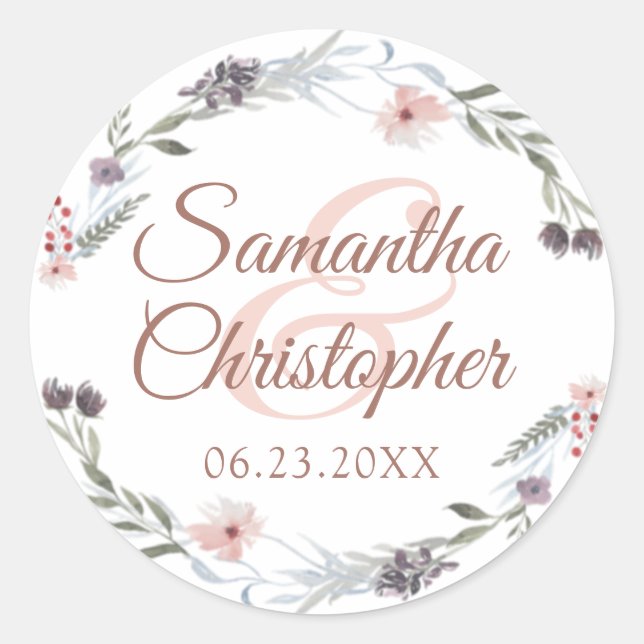 Aquarellblume Rose Gold Script Hochzeitsszenario S Runder Aufkleber (Vorderseite)