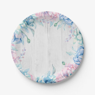 Aquarellblume & rustikaler Holzbauernhof Geburtsta Pappteller