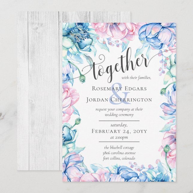 Aquarellblume & rustikales Holzhaus Hochzeit Einladung (Vorne/Hinten)