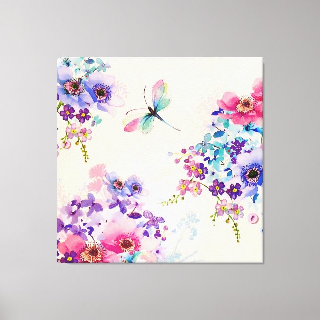 Aquarellblume Schmetterlingsgarten Glitzer Leinwanddruck (Vorderseite)