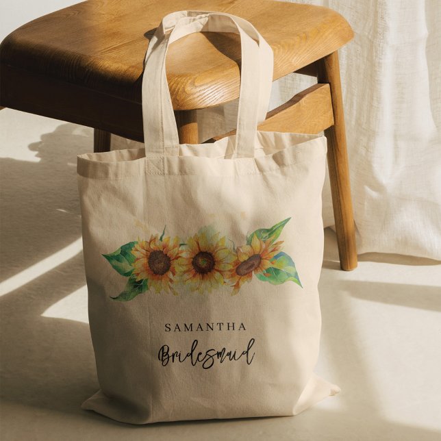Aquarellblume Sonnenblume Brautjungfrau Tragetasche (Sunflower Greenery Wedding Bridesmaid Tote Bag)