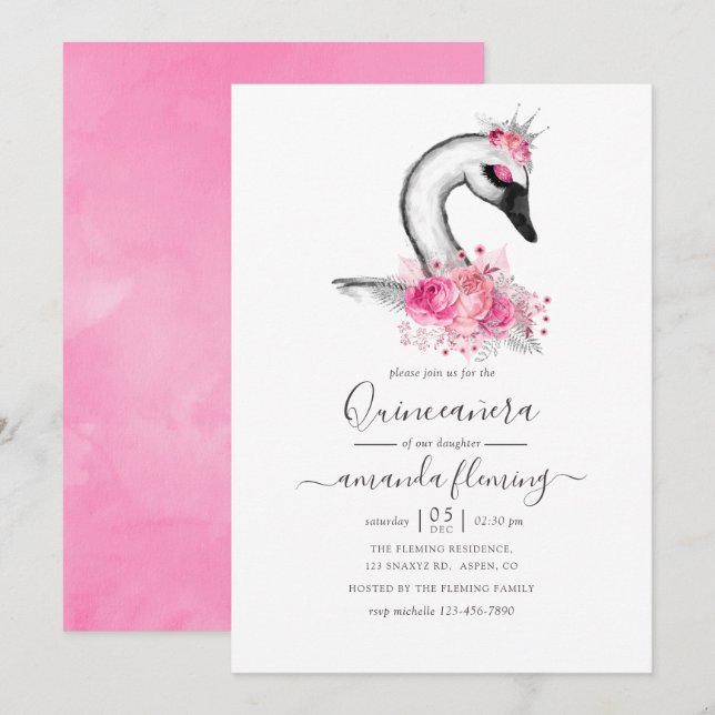 Aquarellblume Swan Quinceñera Einladung (Vorne/Hinten)