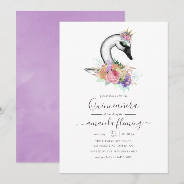 Aquarellblume Swan Quinceñera Einladung (Vorne/Hinten)