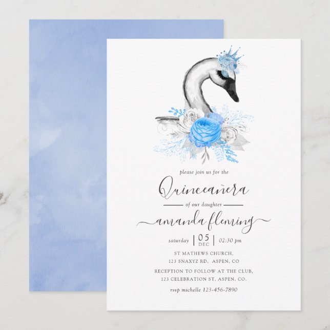 Aquarellblume Swan Quinceñera Einladung (Vorne/Hinten)