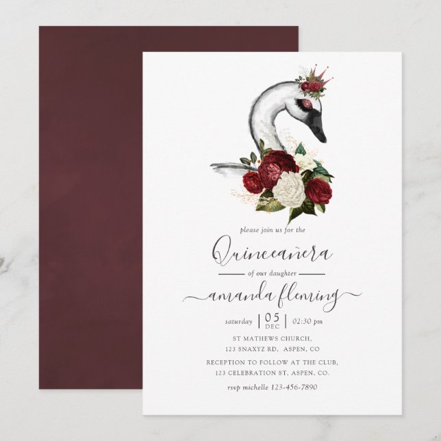 Aquarellblume Swan Quinceñera Einladung (Vorne/Hinten)