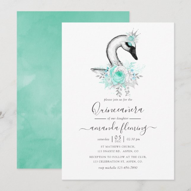 Aquarellblume Swan Quinceñera Einladung (Vorne/Hinten)