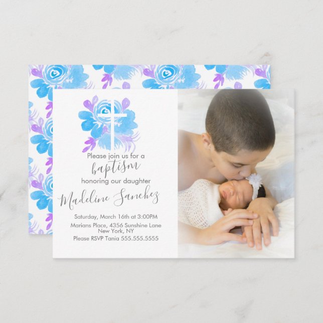 Aquarellblume Taufe Cross Baby Dedication Einladung (Vorne/Hinten)