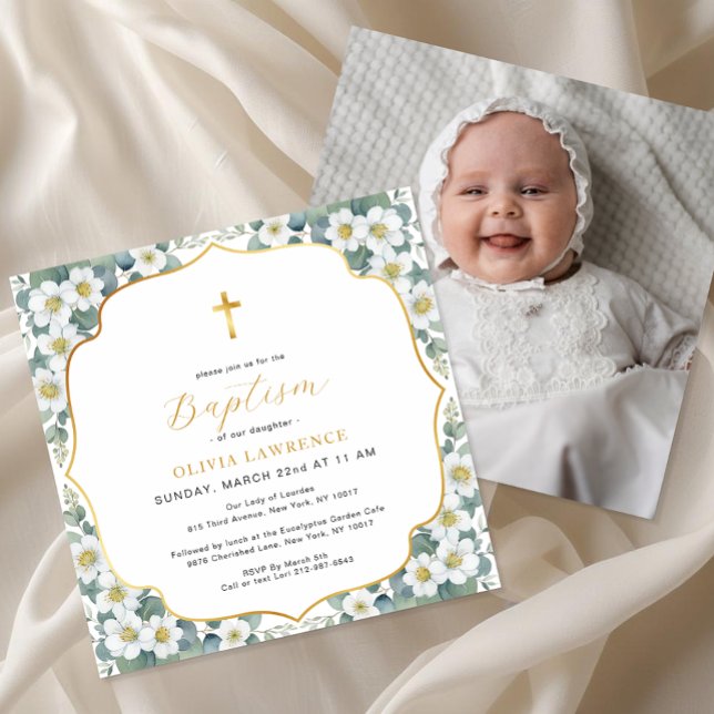 Aquarellblume Taufe Gold Cross Einladung (Photo Baptism Invitation)