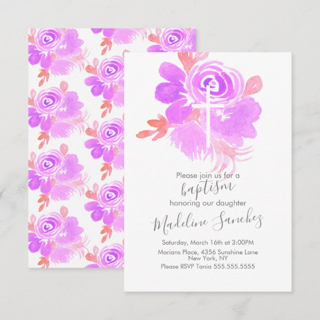 Aquarellblume Taufe Lila Kinderkrankheit Einladung (Vorne/Hinten)
